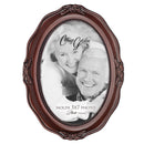 Front view of Add Your Own Personal Photo Mahogany Finish Wavy Oval Table and Wall Photo Frame