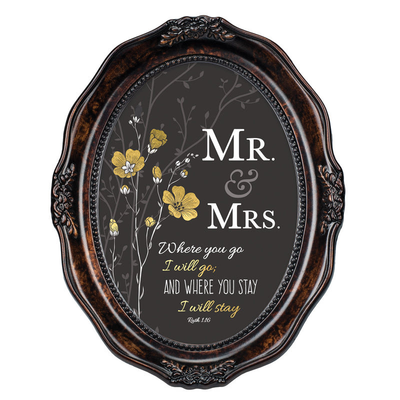 Front view of Mr. & Mrs. You Stay Inspirational Burlwood Finish Wavy Oval Table and Wall Photo Frame
