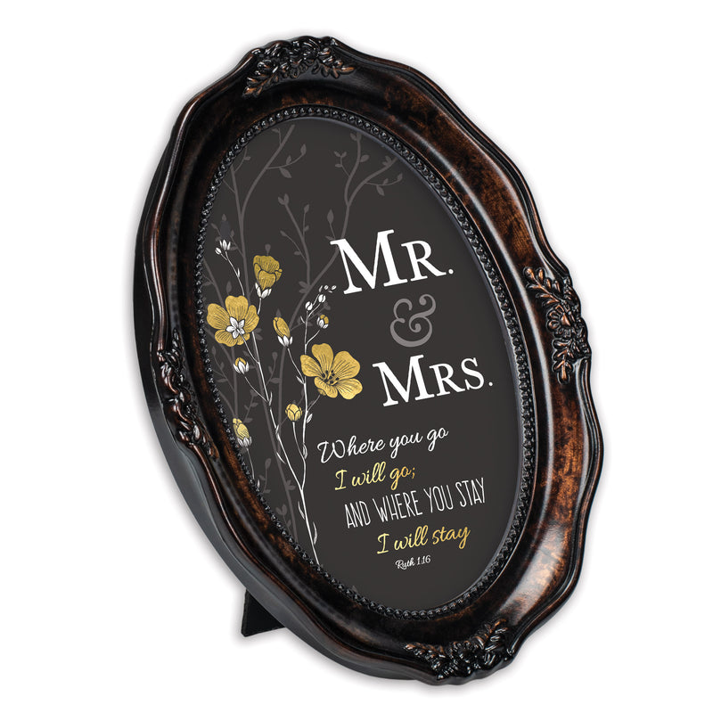 Mr. & Mrs. You Stay Inspirational Burlwood Finish Wavy 5 x 7 Oval Table and Wall Photo Frame