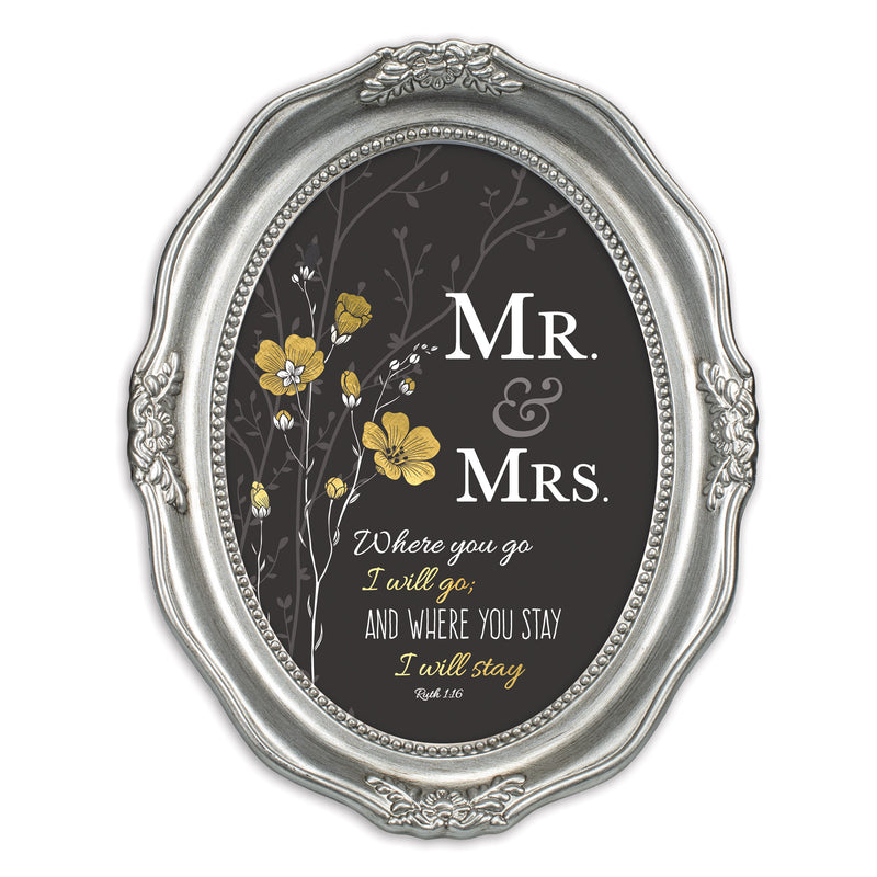 Front view of Mr. & Mrs. You Stay Inspirational Brushed Silver Wavy Oval Table and Wall Photo Frame