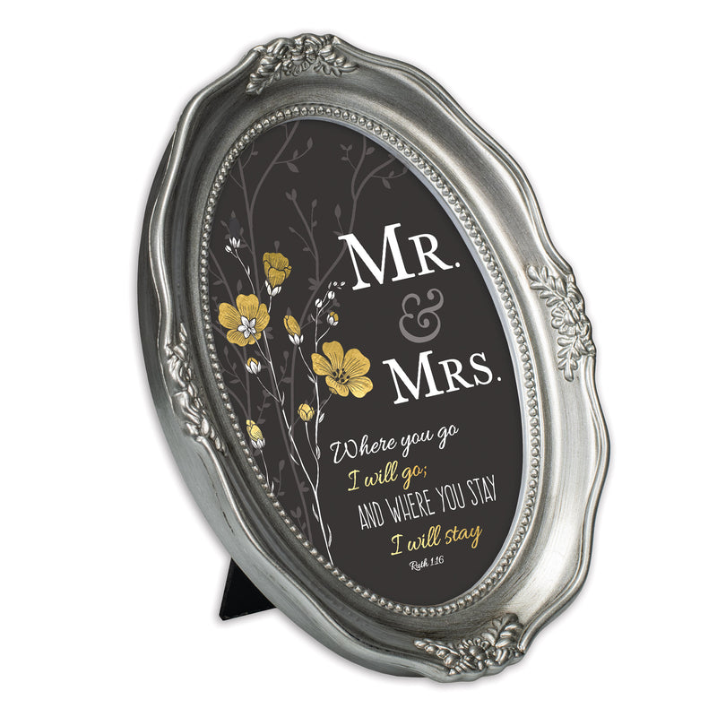 Mr. & Mrs. You Stay Inspirational Brushed Silver Wavy 5 x 7 Oval Table and Wall Photo Frame