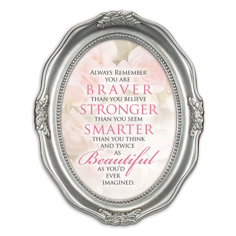 Front view of Always Remember You Are Braver Brushed Silver Wavy Oval Table and Wall Photo Frame