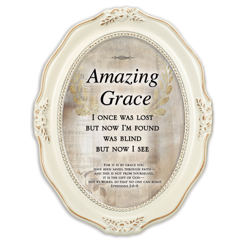 Front view of Amazing Grace Inspirational Distressed Ivory Wavy Oval Photo Frame