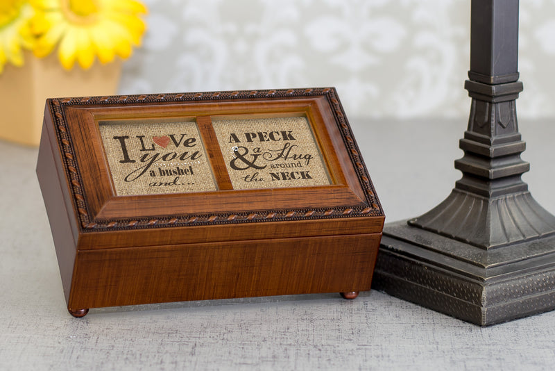 Top down view of Love You a Bushel and a Peck Woodgrain Rope Trim Petite Jewelry and Music Box