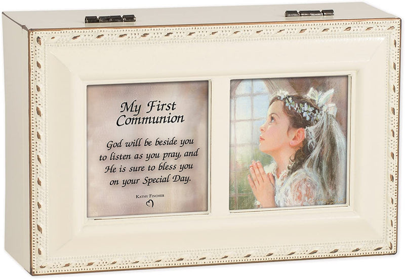 Top down view of First Communion God Beside You Ivory Rope Trim Petite Jewelry and Music Box