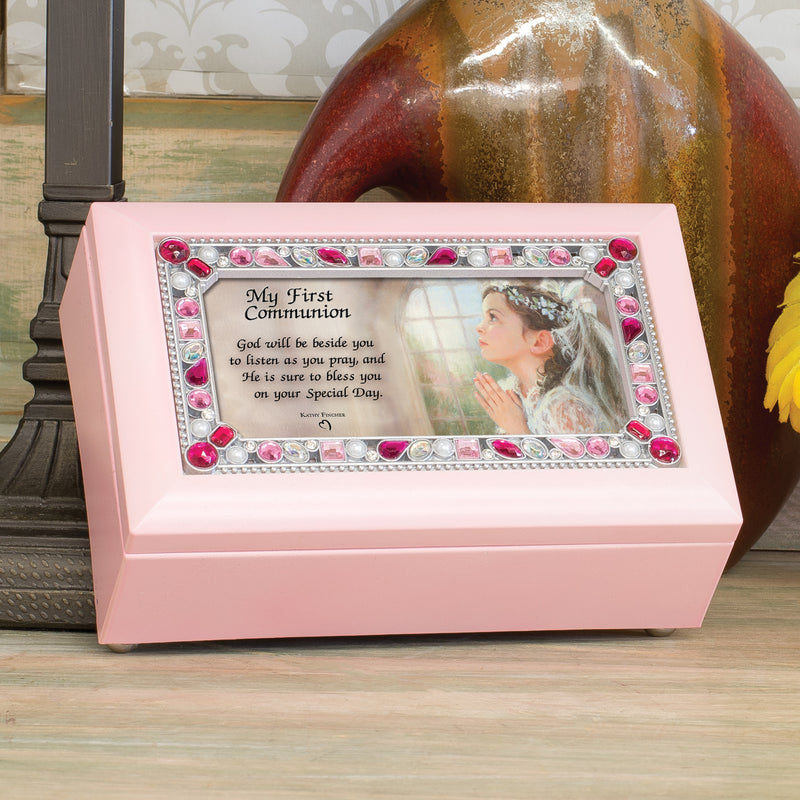 First Communion God Beside You Matte Pink Jewelry Music Box Plays Jesus Loves Me