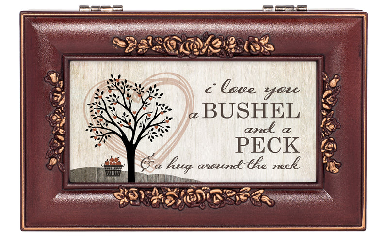 Top down view of I Love You A Bushel & A Peck Petite Rosewood Finish Rose Jewelry and Music Box