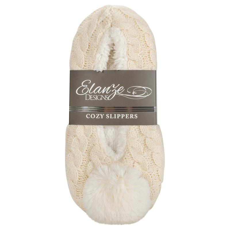 Ballerina Knit Pom Womens Plush Lined Cozy Non Slip Indoor Soft Slipper - Cream