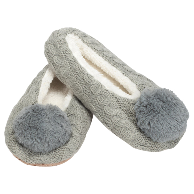 Front view of Grey Ballerina Knit Pom Womens Plush Lined Cozy Non Slip Indoor Soft Slipper