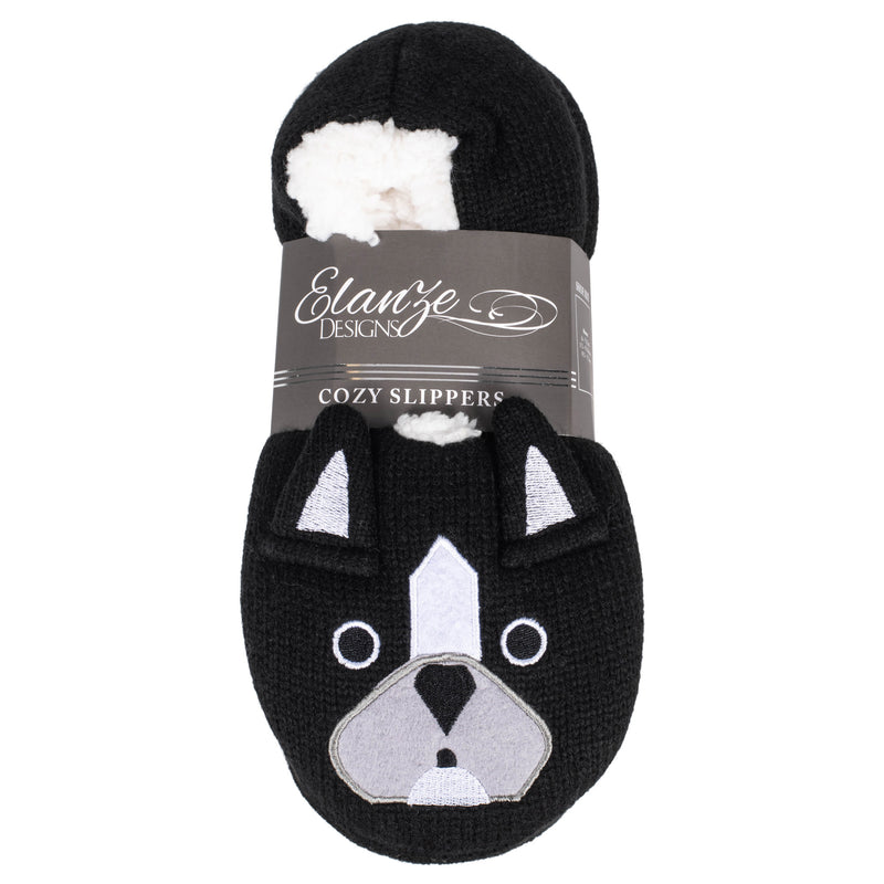 Bulldog Black Womens Animal Cozy Plush Lined Non Slip Fuzzy Slipper - Large