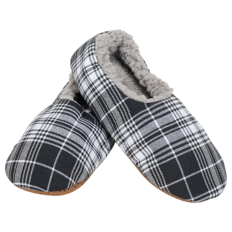 Front view of Black Plaid Mens Plush Lined Cozy Non Slip Indoor Soft Slippers