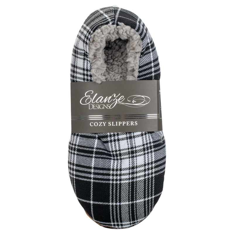 Black Plaid Mens Plush Lined Cozy Non Slip Indoor Soft Slippers