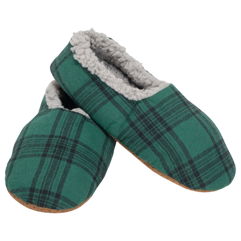 Front view of Green Plaid Mens Plush Lined Cozy Non Slip Indoor Soft Slippers