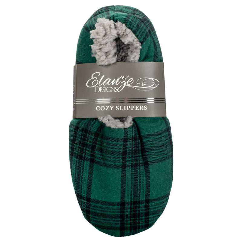 Green Plaid Mens Plush Lined Cozy Non Slip Indoor Soft Slippers
