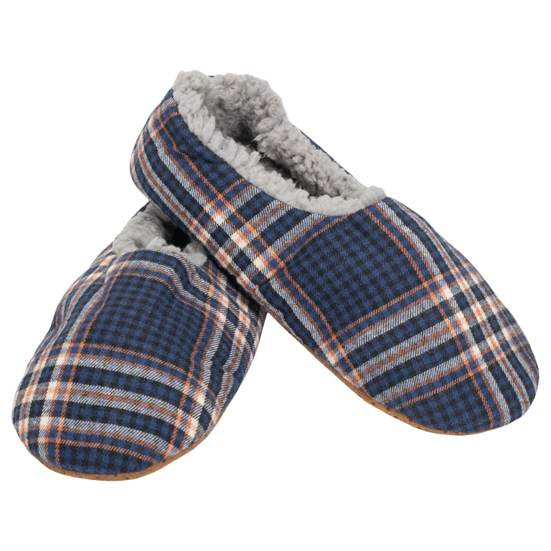 Front view of Navy Plaid Mens Plush Lined Cozy Non Slip Indoor Soft Slippers