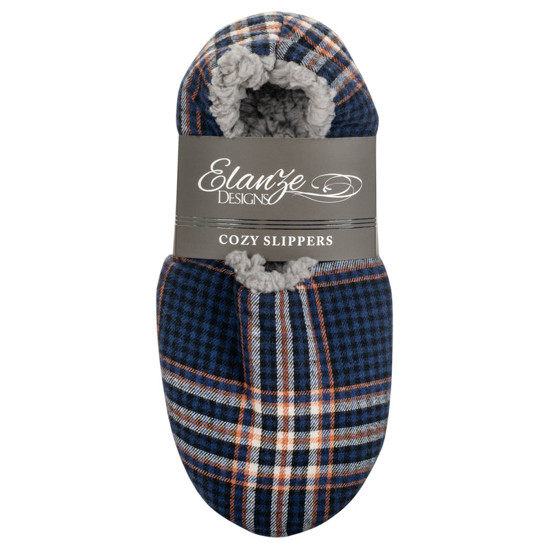 Navy Plaid Mens Plush Lined Cozy Non Slip Indoor Soft Slippers