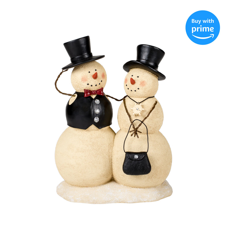 Front view of Couple Snowman Winter White 10 inch Resin Stone Christmas Holiday Figurine