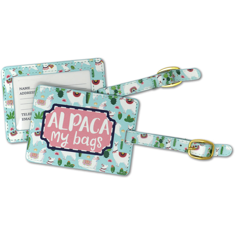 Alpaca My Bags Cactus Sky Blue and Green 6 x 4 Faux Leather Buckle Luggage Tag