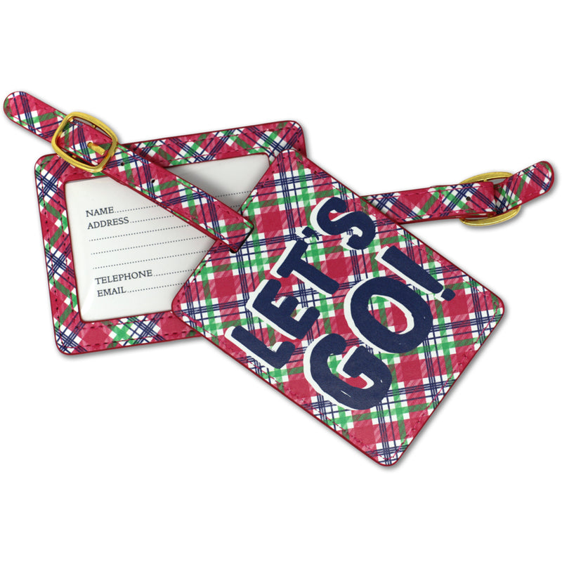 Lets Go Travel Red and Blue Plaid 6 x 4 Faux Leather Buckle Luggage Tag