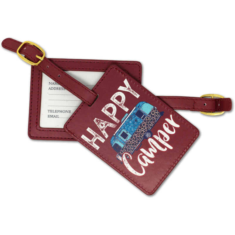 Happy Camper Dark Red and Leopard 6 x 4 Faux Leather Buckle Luggage Tag