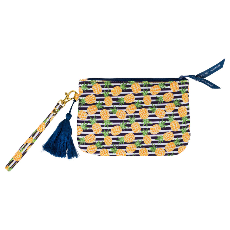 Pineapples Stripe Yellow and Navy Blue 7 x 5 Polyester Phone Wristlet Handbag