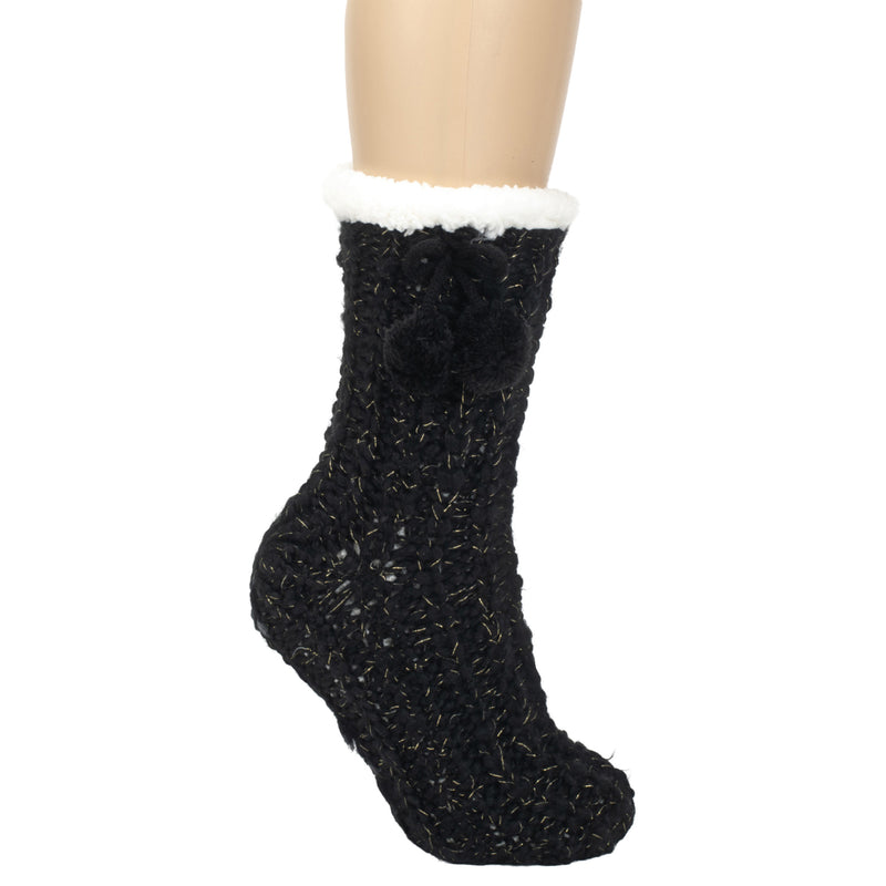 Black Gold Glitter Knit Pom Pom Womens One Size Plush Lined Non Skid Indoor Slipper Socks