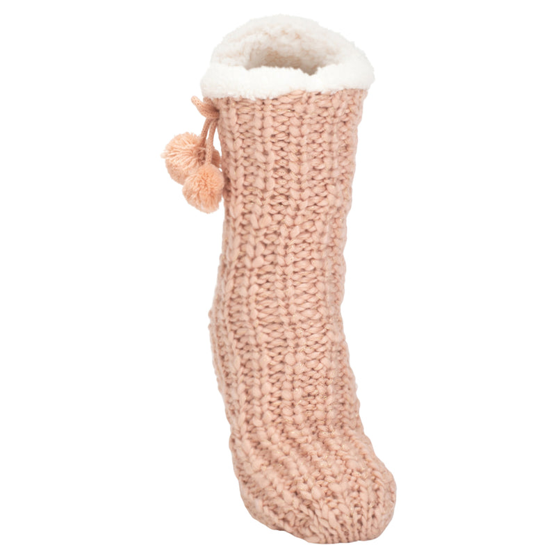 Front view of Dust Pink Gold Glitter Knit Pom Pom Womens One Size Plush Lined Non Skid Indoor Slipper Socks
