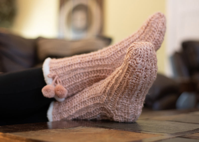 Dust Pink Gold Glitter Knit Pom Pom Womens One Size Plush Lined Non Skid Indoor Slipper Socks