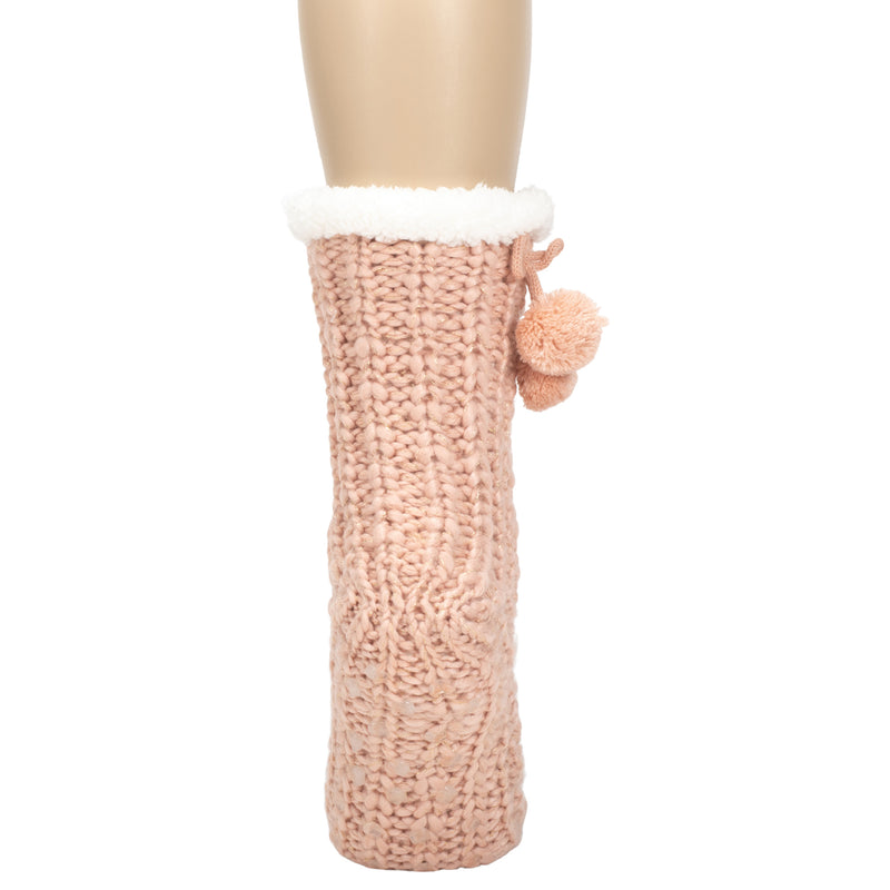 Dust Pink Gold Glitter Knit Pom Pom Womens One Size Plush Lined Non Skid Indoor Slipper Socks