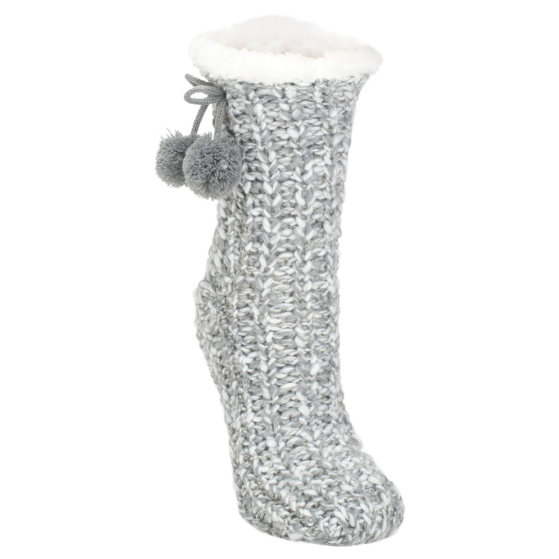 Front view of Grey Gold Glitter Knit Pom Pom Womens One Size Plush Lined Non Skid Indoor Slipper Socks