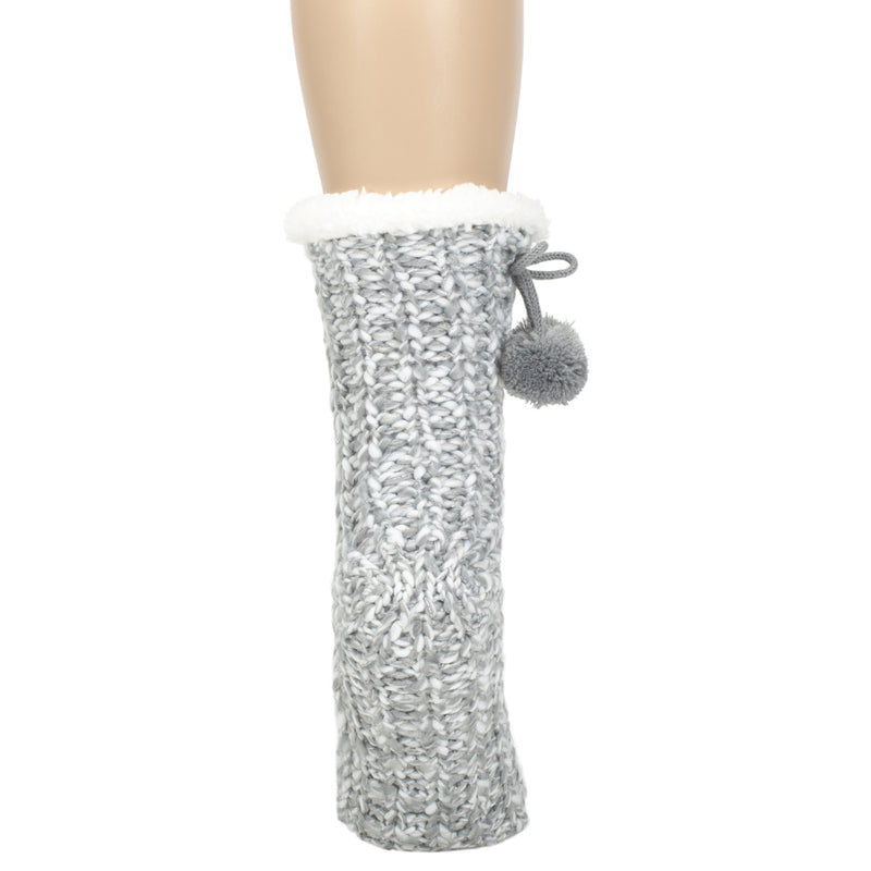 Grey Gold Glitter Knit Pom Pom Womens One Size Plush Lined Non Skid Indoor Slipper Socks