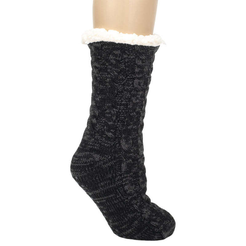 Black Simple Knit Womens One Size Plush Lined Non Skid Indoor Slipper Socks