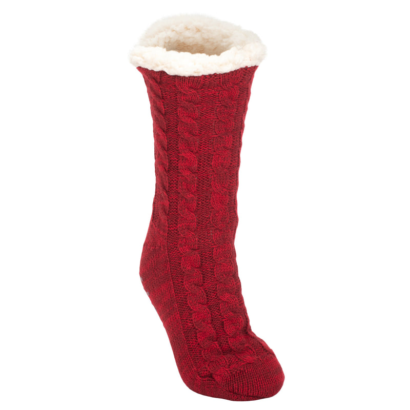 Front view of Burgundy Red Simple Knit Womens One Size Plush Lined Non Skid Indoor Slipper Socks