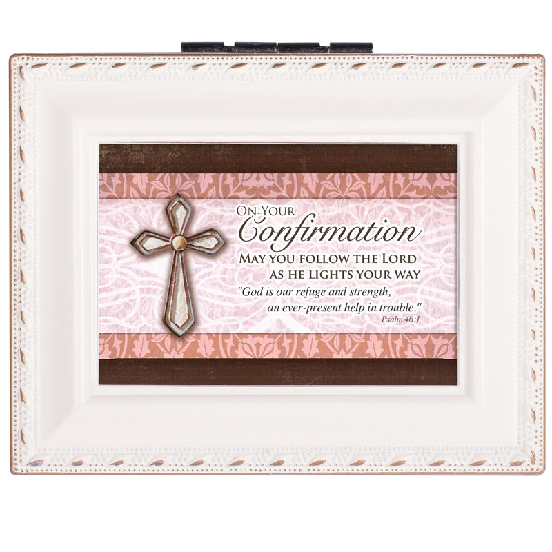 Top down view of Confirmation Follow Ivory Rope Trim Tiny Square Jewelry Keepsake Box