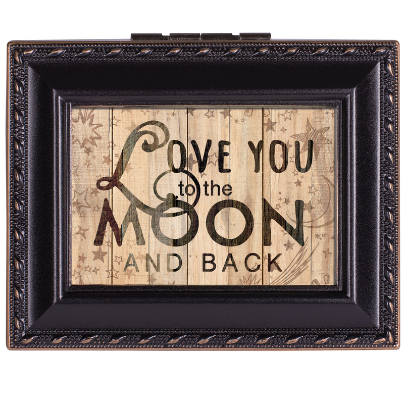 Top down view of Love You To The Moon Black Rope Trim Tiny Square Jewelry Keepsake Box