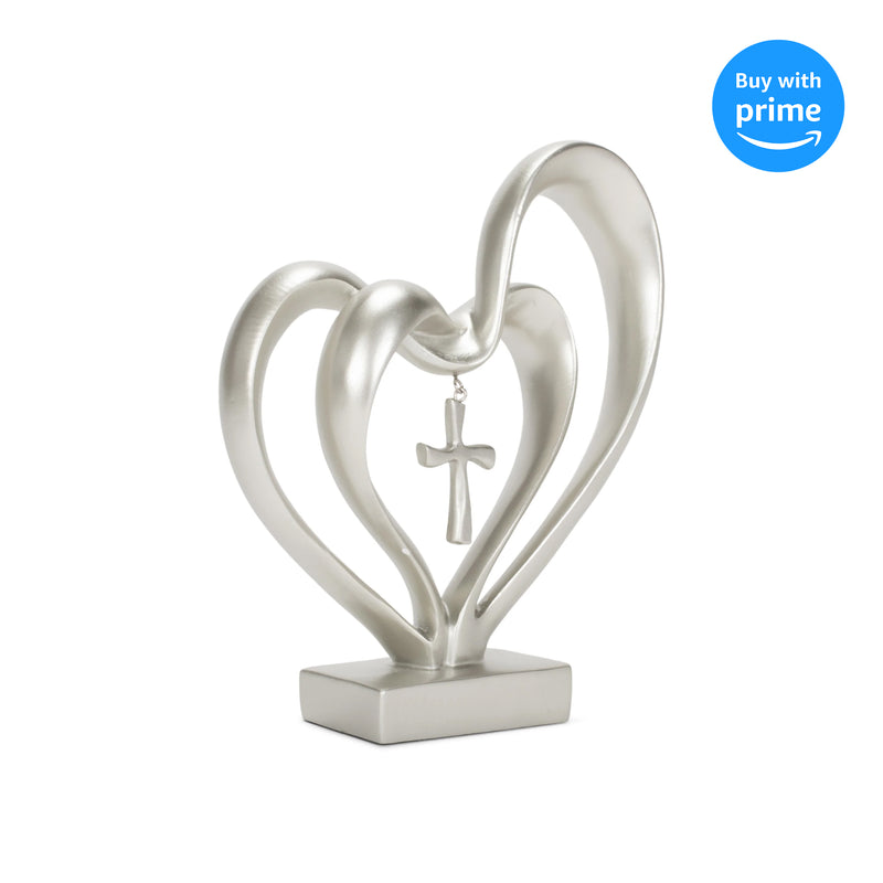 Marriage Takes Three Matte Silver Finish 13X8 inch Cross in Middle of Hearts Tabletopper