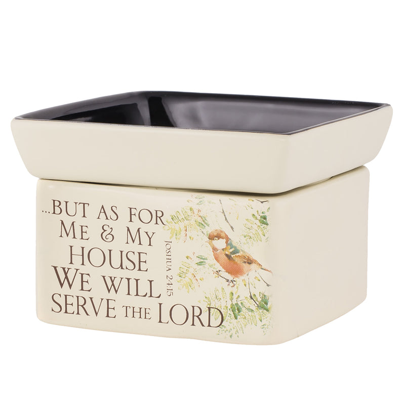 Front view of "As for me and my house we will serve the Lord" Joshua 24:15 2 in 1 Jar Candle and Wax and Oil Warmer