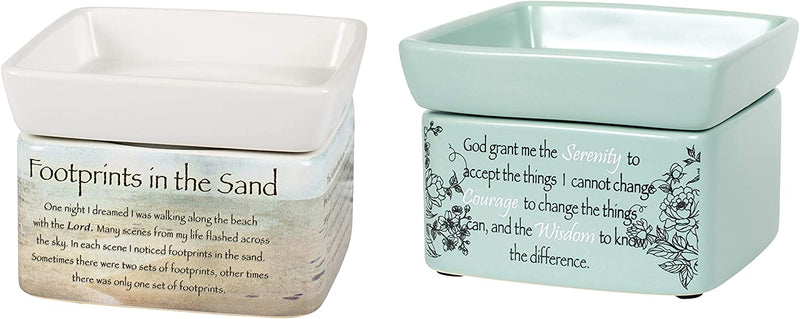 Front view of 2 piece set Footprints in The Sand, Serenity Prayer 2-in-1 Tart Oil Wax Candle Warmers