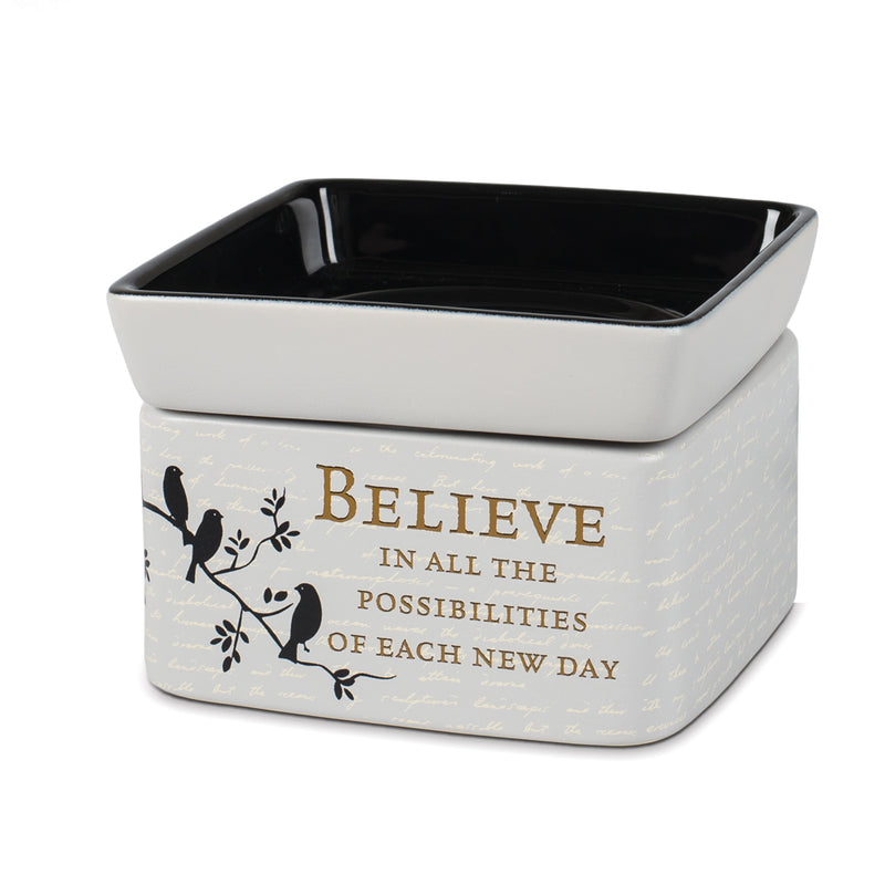 Front view of "Believe in all the possibilities of each new day" Birds on a Tree Believe Grey Electric 2 in 1 Jar Candle Wax Tart Oil Warmer
