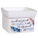 Front view of Refuge Under His Wings Feathers Stoneware Electric 2 in 1 Jar Candle and Wax Tart Oil Warmer