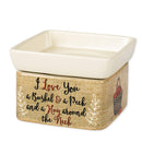 Front view of "I Love You A Bushel and A Peck" Burlap Apples Stoneware 2 in 1 Jar Candle and Wax Tart Oil Warmer