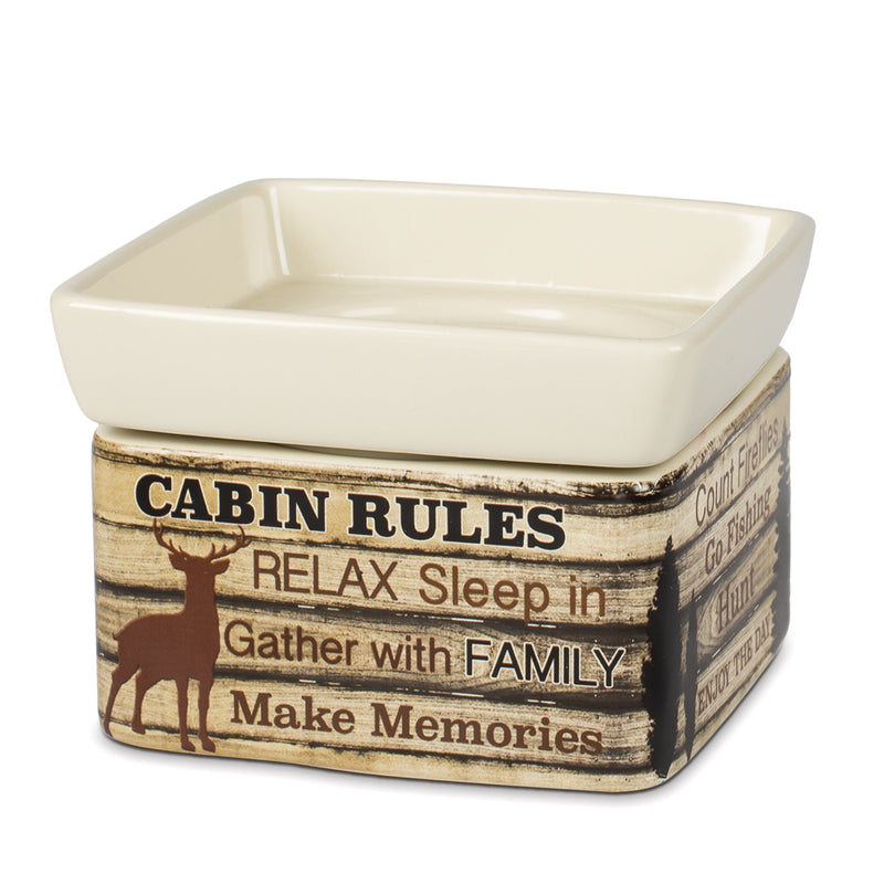Front view of Cabin Rules Rustic Wood Outdoor Stoneware Electric 2 in 1 Jar Candle and Wax Tart Oil Warmer