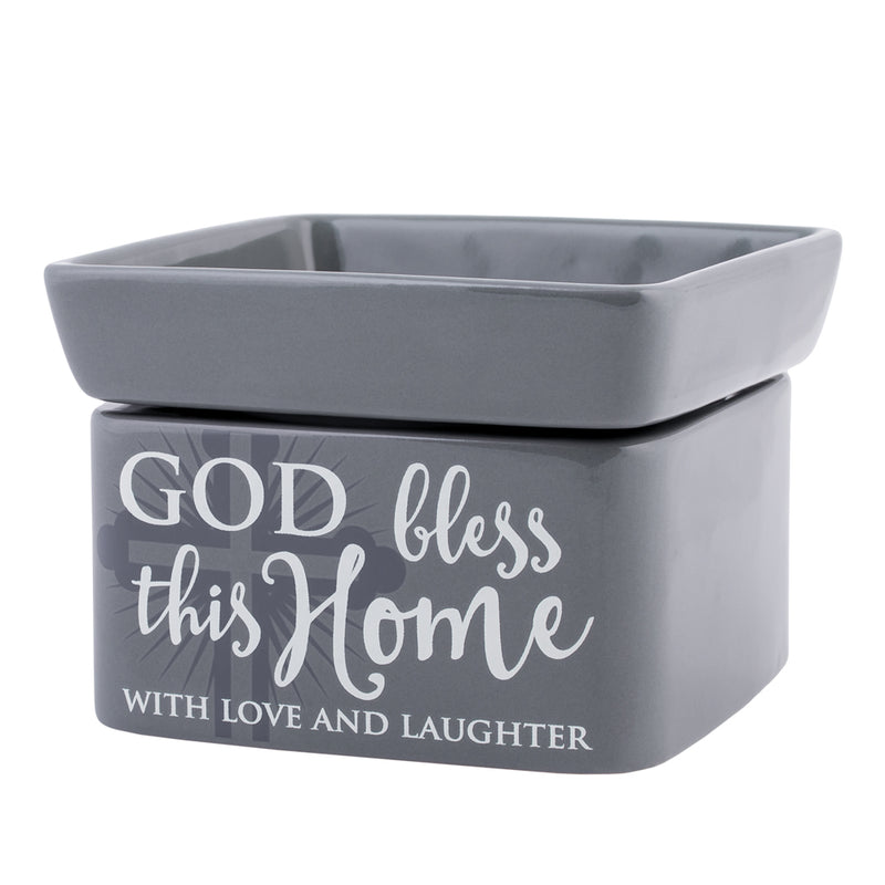 Front view of "God Bless This Home" Love Grey Stoneware Electric 2-in-1 Jar Candle and Wax Tart Oil Warmer