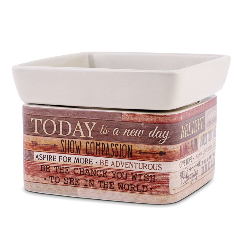 Front view of "Today is a new day" Wood Design Stoneware Electric 2-in-1 Jar Candle and Wax Tart Oil Warmer