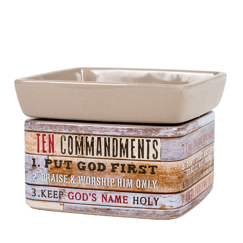 Front view of "Ten Commandments" Pallet Wood Design Ceramic Stone 2-in-1 Jar Candle and Wax Tart Oil Warmer