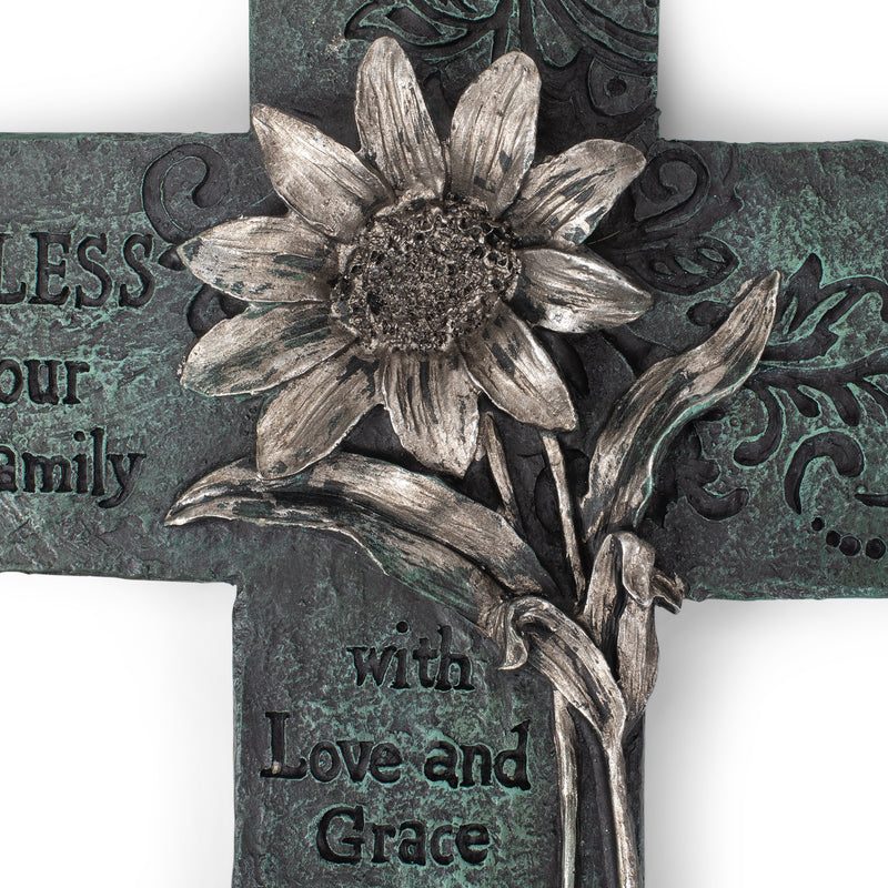 Dicksons Bless Our Family Floral Turquoise 10 Inch Decorative Wall Cross