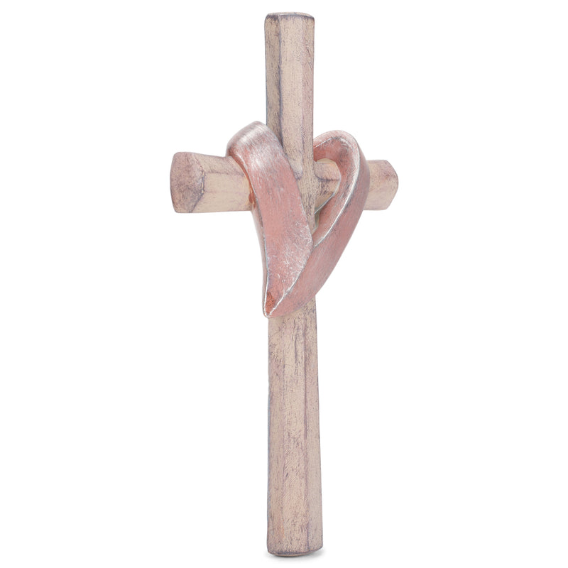 Cross with Heart Sash Distressed Patina Bronze Tone 6 x 11 Resin Stone Wall Sign Plaque