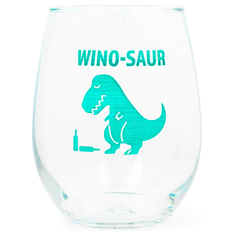 Front view of "Wino-Saur" Green Dinosaur Stemless Wine Glass