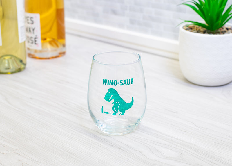 Wino-Saur Blue Dino 14 ounce Glass Stemless Wine Glass