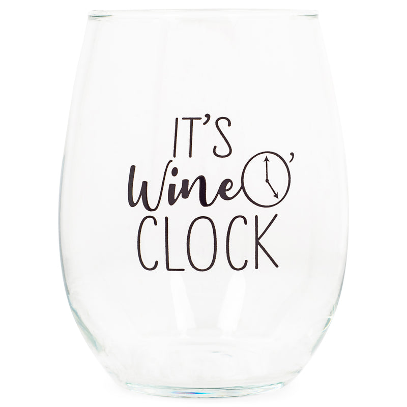 Front view of "It's Wine O'clock" Black Stemless Wine Glass